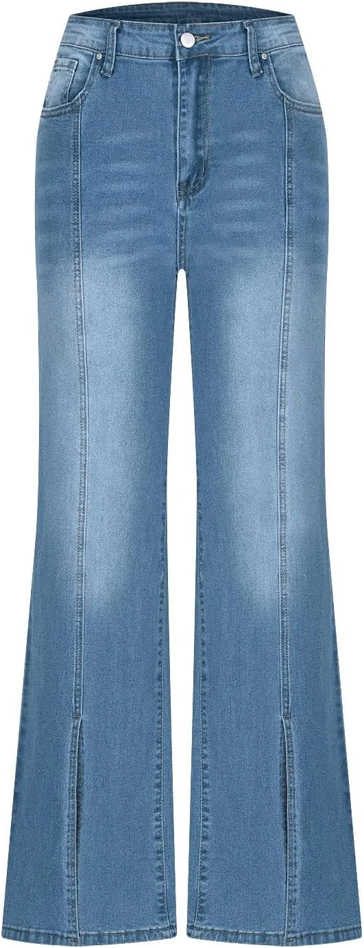 Wide Leg Jeans for Women 2025 Trendy High Waisted Stretch Front Split Hem Loose Fit Patchwork Flared Denim Pants