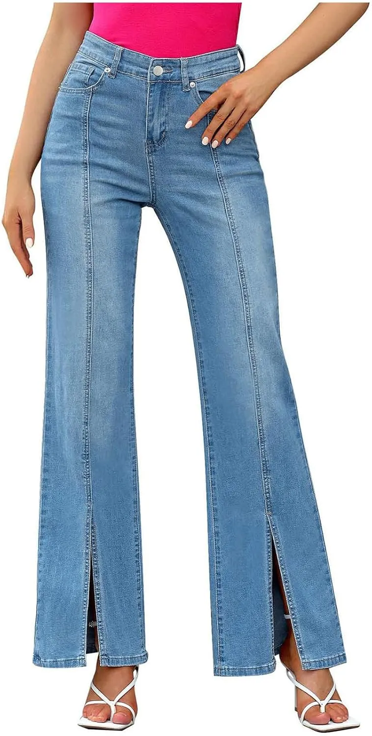 Wide Leg Jeans for Women 2025 Trendy High Waisted Stretch Front Split Hem Loose Fit Patchwork Flared Denim Pants