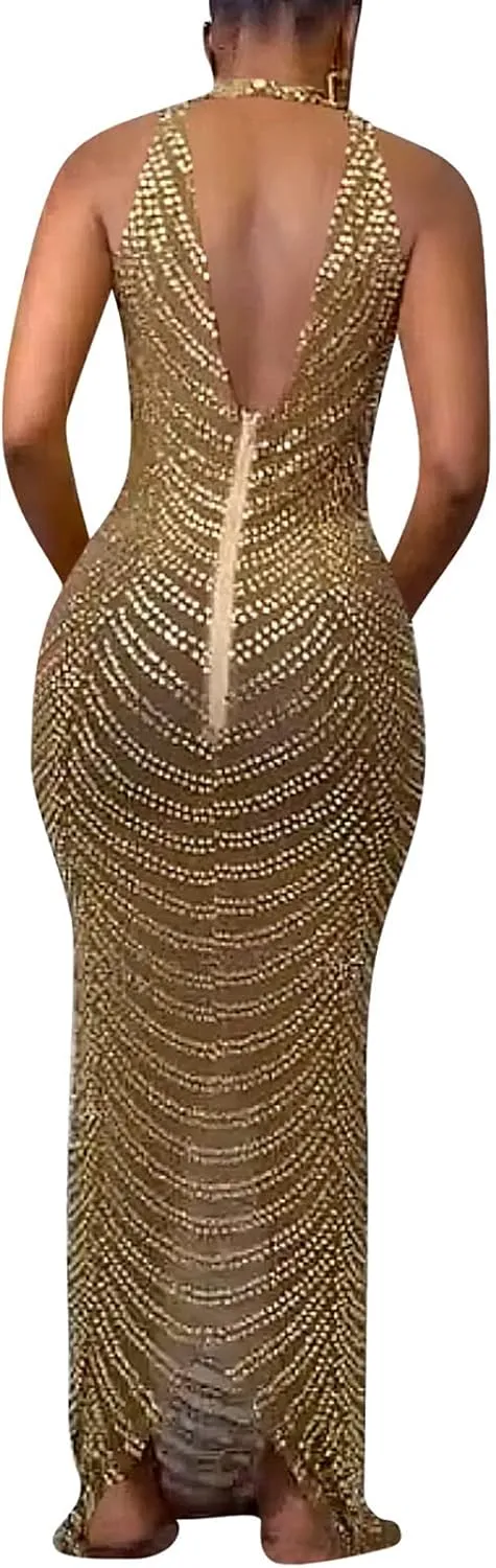 WOKANSE Women Sexy Halter Neck Sleeveless Rhinestone Bodycon Club Backless Maxi Pencil Dress