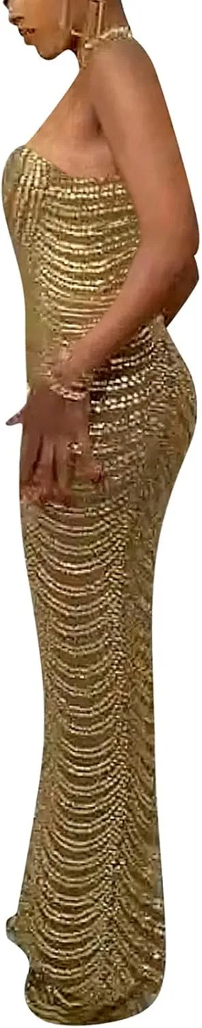 WOKANSE Women Sexy Halter Neck Sleeveless Rhinestone Bodycon Club Backless Maxi Pencil Dress