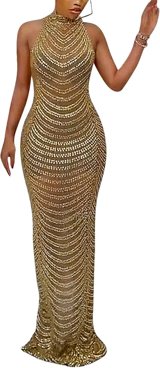 WOKANSE Women Sexy Halter Neck Sleeveless Rhinestone Bodycon Club Backless Maxi Pencil Dress