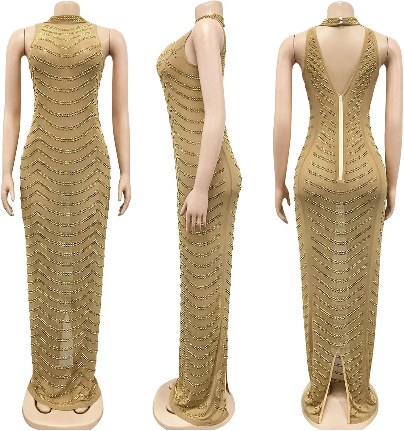 WOKANSE Women Sexy Halter Neck Sleeveless Rhinestone Bodycon Club Backless Maxi Pencil Dress