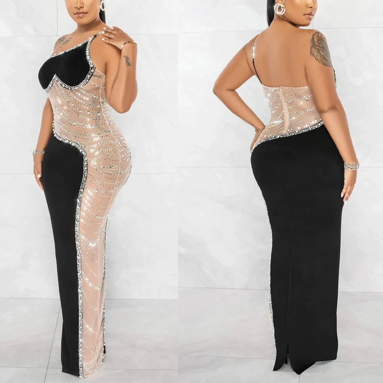 WOKANSE Women's Sexy Party Dresses Rhinestone One Shoulder Mesh Bodycon Club Maxi Dress