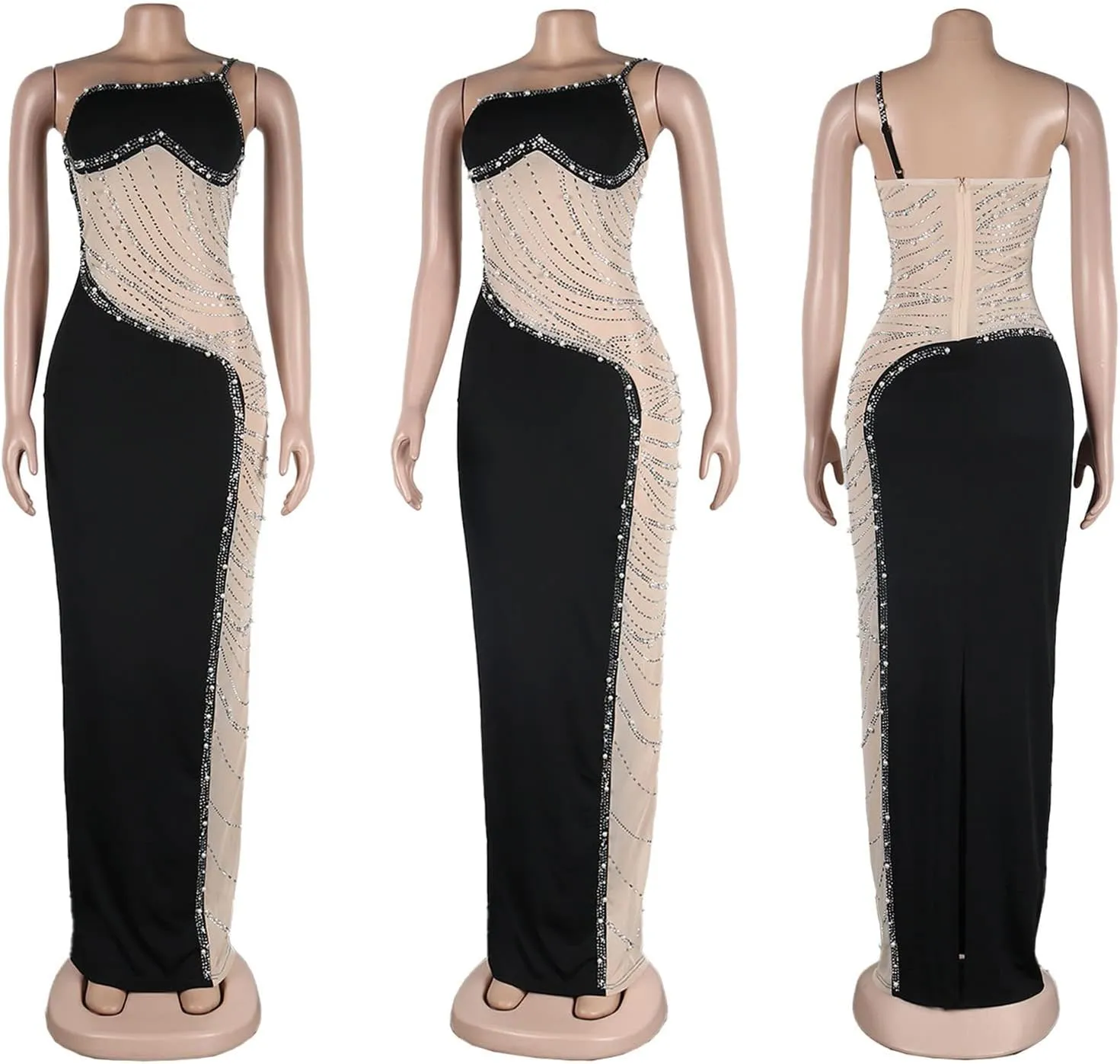 WOKANSE Women's Sexy Party Dresses Rhinestone One Shoulder Mesh Bodycon Club Maxi Dress