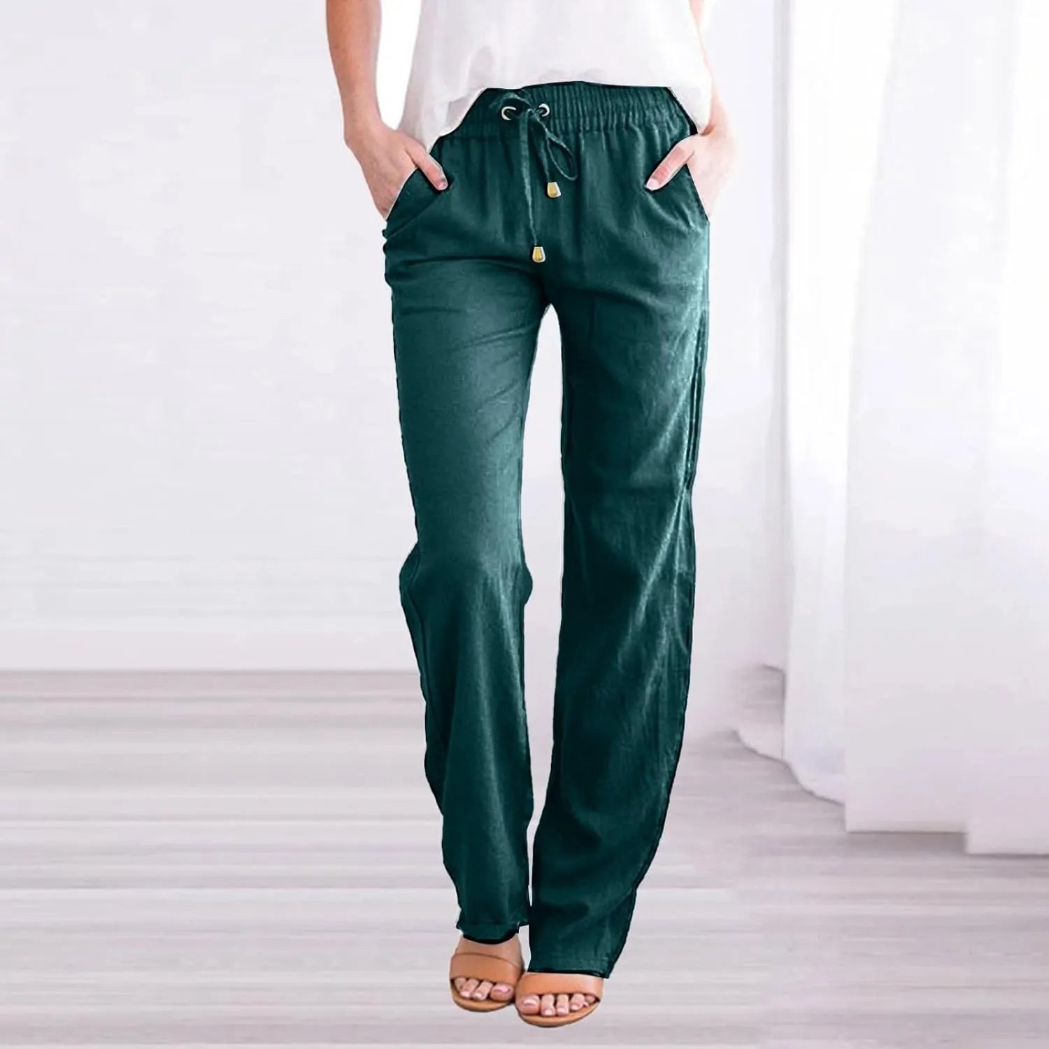 Women High Waisted Wide Leg Pants Casual Drawstring Elastic Trousers Comfy Straight Leg Work Clothes for Women