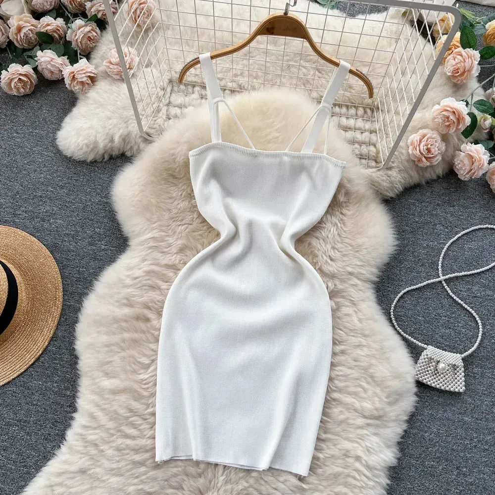 Women Knitted Dress Summer Strap Elastic Waist Backless Mini Sundress Sexy Streetwear Outfits