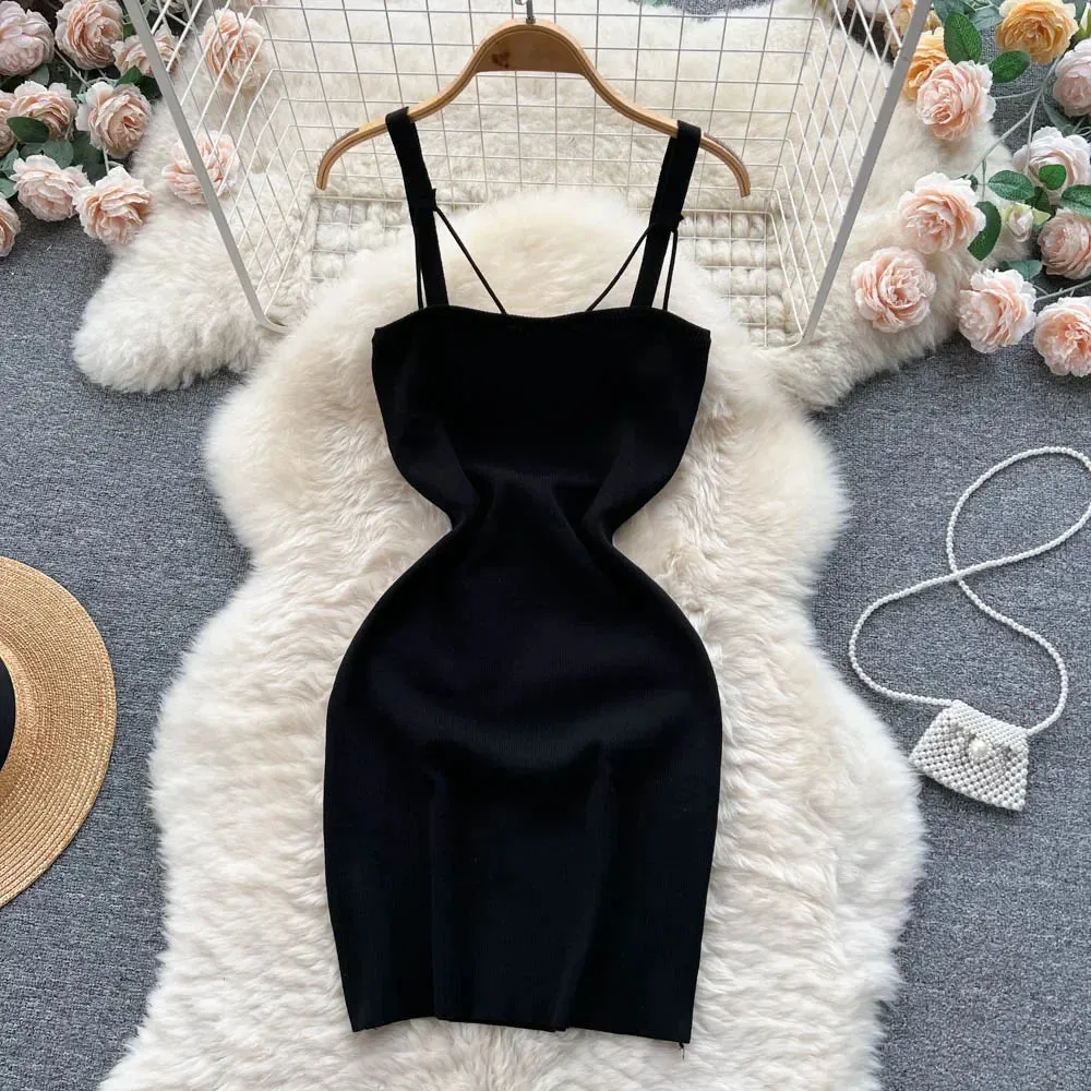 Women Knitted Dress Summer Strap Elastic Waist Backless Mini Sundress Sexy Streetwear Outfits