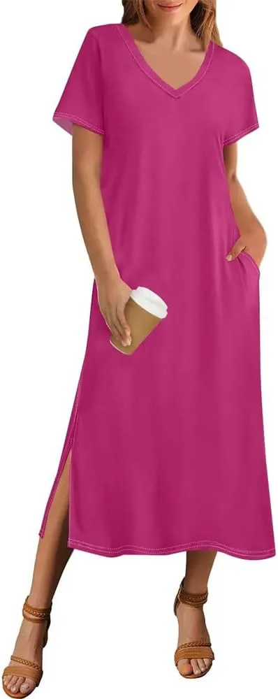 Women Summer Solid Color Short Sleeve Beach Dress Casual V-Neck Hem Side Long T-Shirt Dress