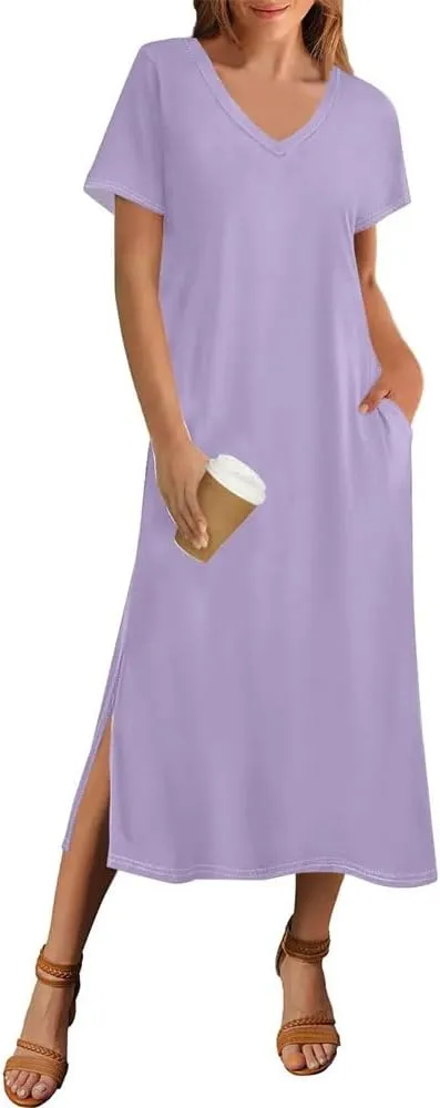 Women Summer Solid Color Short Sleeve Beach Dress Casual V-Neck Hem Side Long T-Shirt Dress