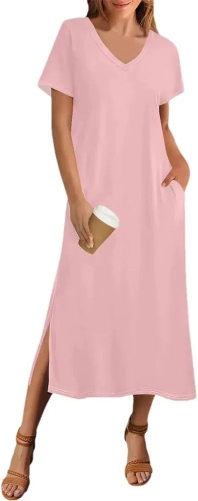 Women Summer Solid Color Short Sleeve Beach Dress Casual V-Neck Hem Side Long T-Shirt Dress