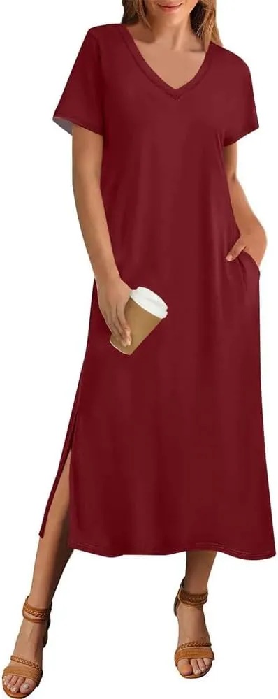 Women Summer Solid Color Short Sleeve Beach Dress Casual V-Neck Hem Side Long T-Shirt Dress
