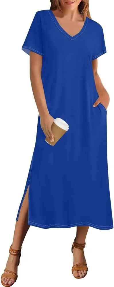 Women Summer Solid Color Short Sleeve Beach Dress Casual V-Neck Hem Side Long T-Shirt Dress