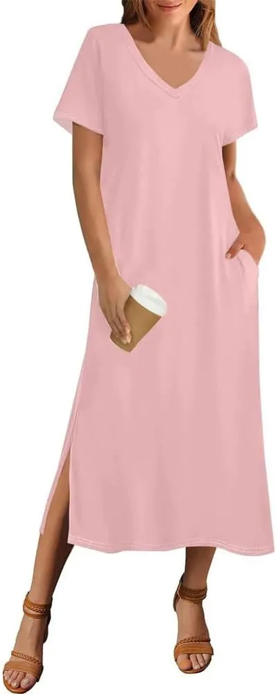 Women Summer Solid Color Short Sleeve Beach Dress Casual V-Neck Hem Side Long T-Shirt Dress