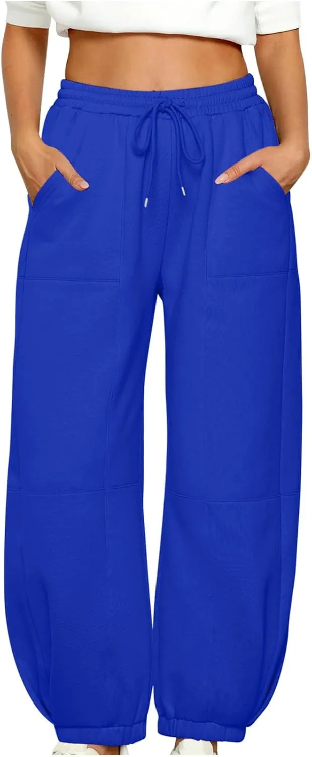Women's Casual Baggy Sweatpants 2024 Fashion Drawstring Solid Joggers Warm Fleece Lined Loose Trousers with Pockets