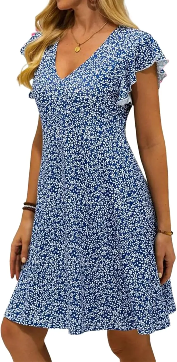 Women's Elegant Blue Floral Print V-Neck Short Sleeve Shift Mini Dress 2025 Summer Casual Chic Vacation Dresses