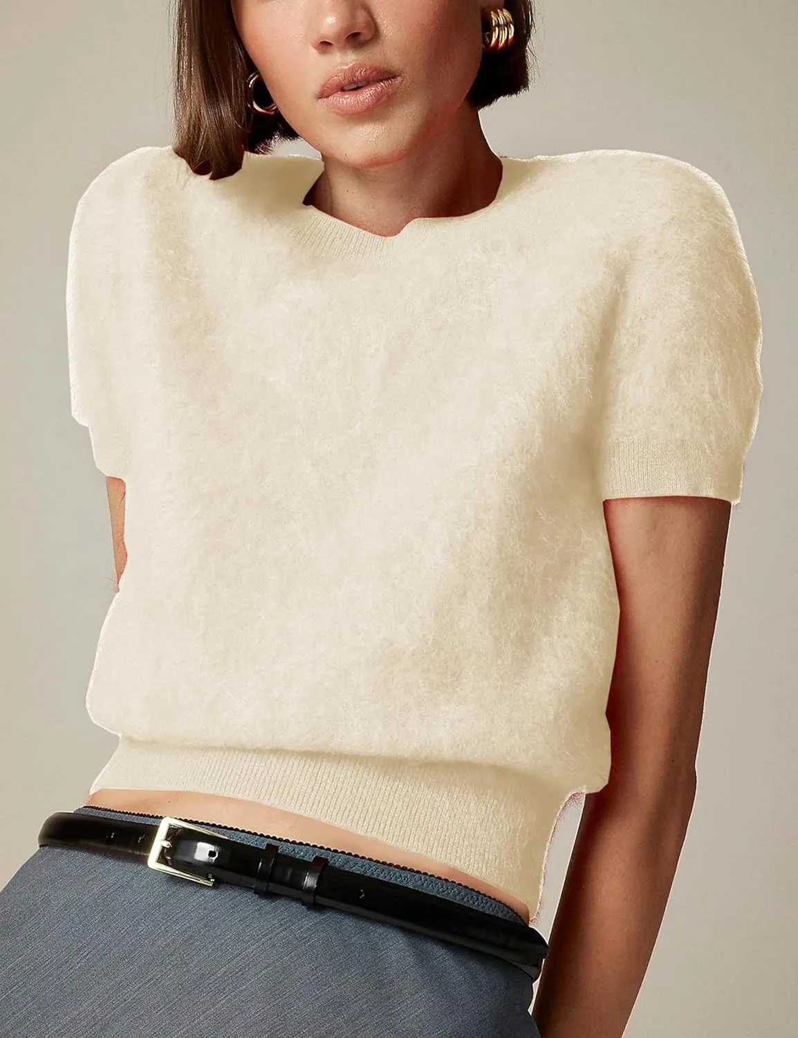 Women's Furry Cropped Sweater Short Sleeve Soft Fuzzy Sweater T Shirt Loose Casual Knit Pullover