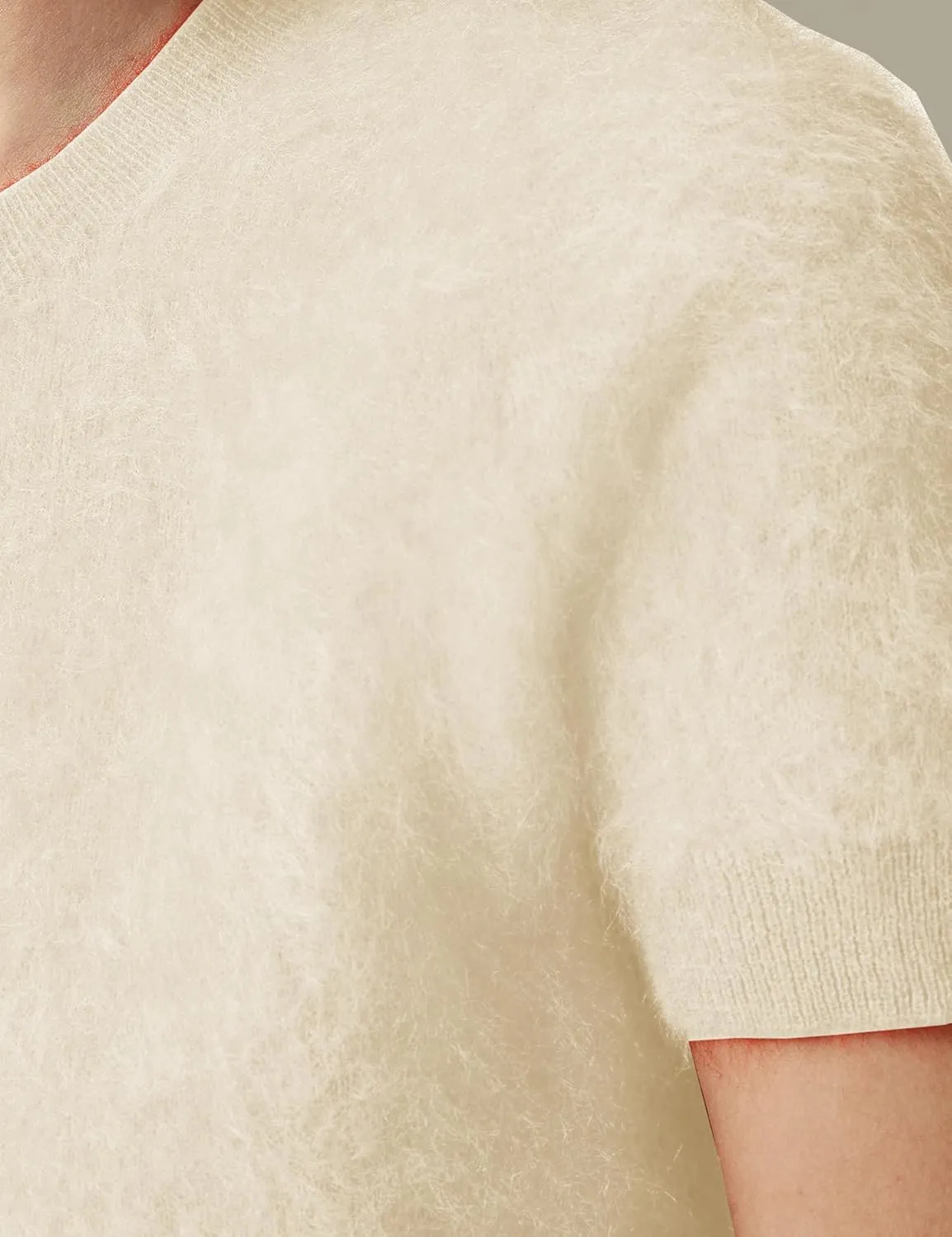 Women's Furry Cropped Sweater Short Sleeve Soft Fuzzy Sweater T Shirt Loose Casual Knit Pullover