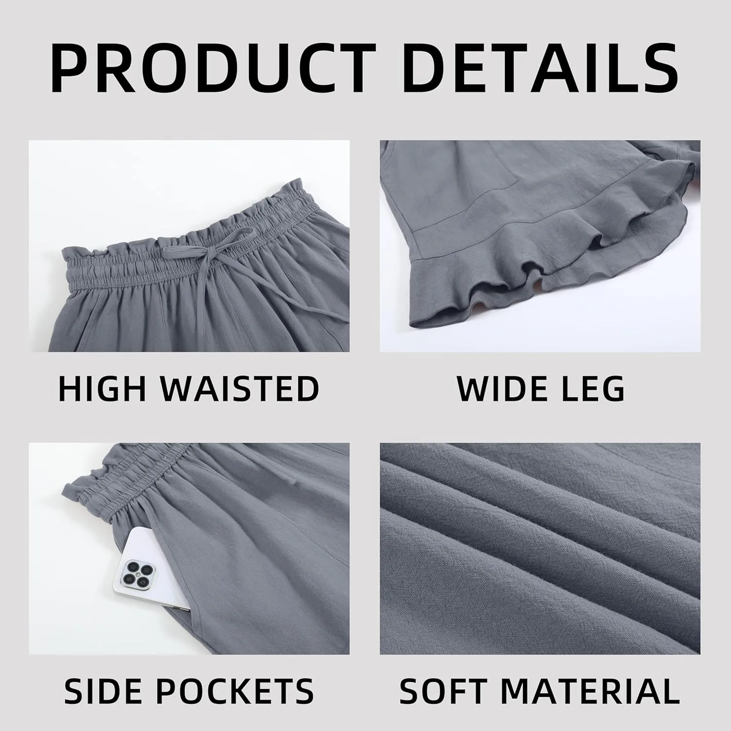 Womens Linen Shorts Wide Leg High Waisted Ruffle Draswtring Summer Beach Flowy Shorts with Pockets