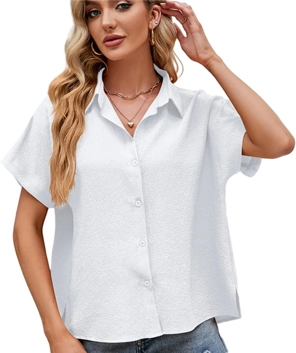 Womens Loose Fit Shirt Solid Color V Necked Short Sleeved Casual Button Down Tops T-Shirt