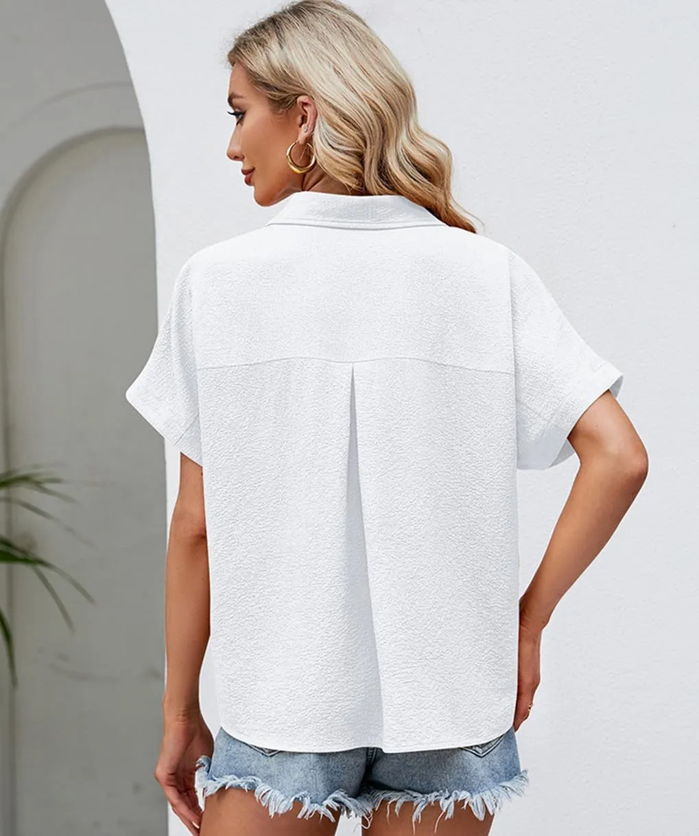 Womens Loose Fit Shirt Solid Color V Necked Short Sleeved Casual Button Down Tops T-Shirt