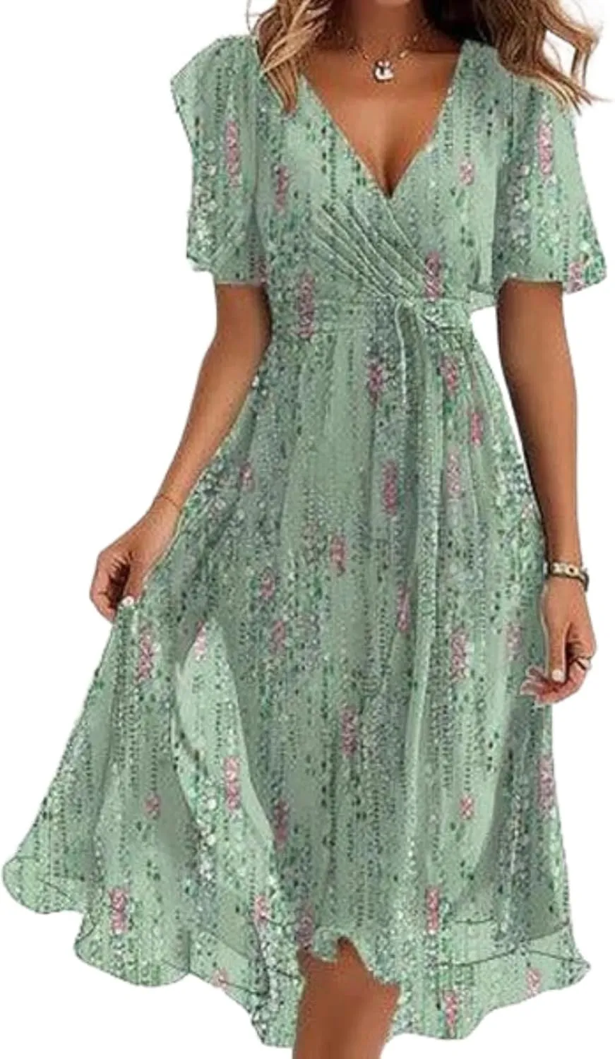 Women's Mint Groovy Green Floral Print V-Neck Short Sleeve Shift Maxi Dress 2025 Summer Casual Boho Chic Dresses