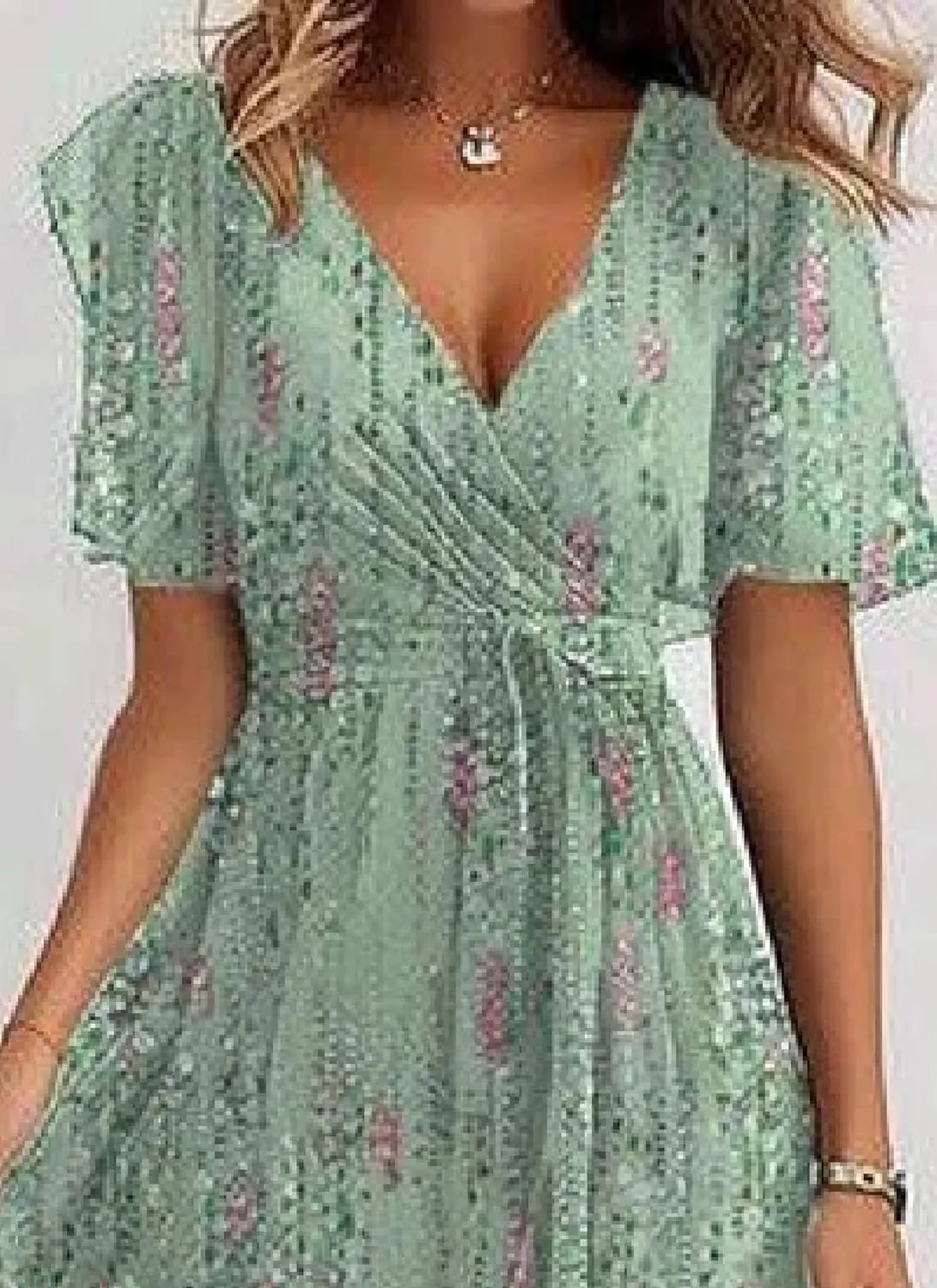 Women's Mint Groovy Green Floral Print V-Neck Short Sleeve Shift Maxi Dress 2025 Summer Casual Boho Chic Dresses