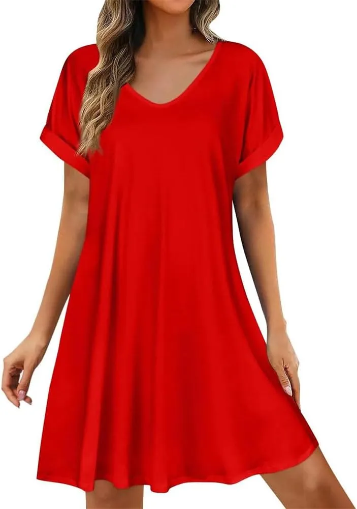 Womens Summer Dresses Short Sleeve Casual Beach Shirt Dress Round Neck Loose Swing Dress