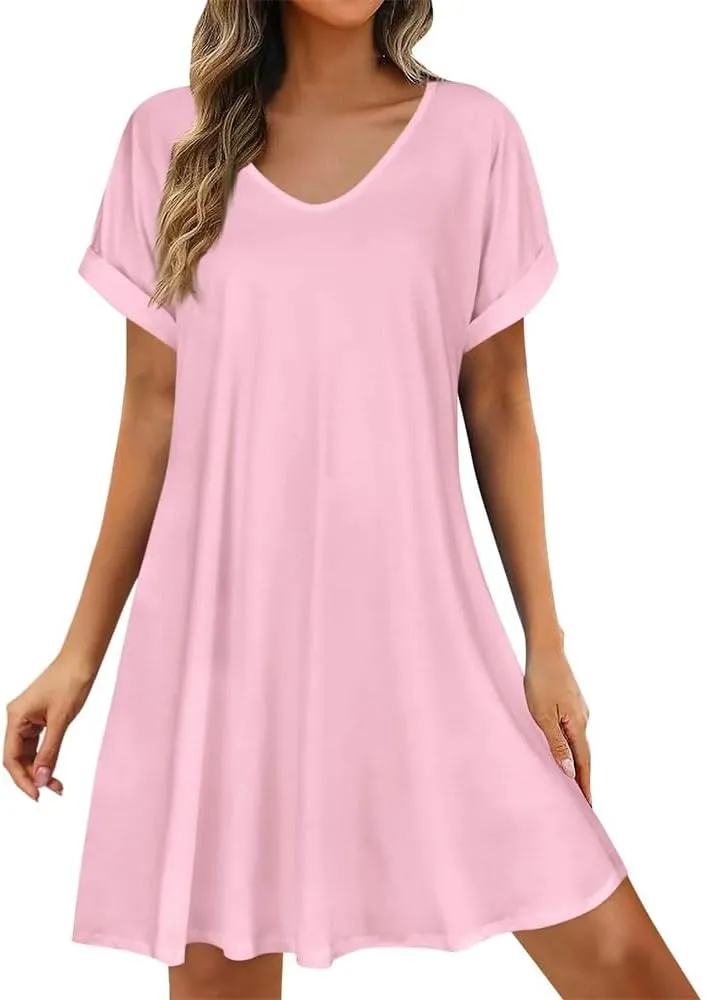 Womens Summer Dresses Short Sleeve Casual Beach Shirt Dress Round Neck Loose Swing Dress