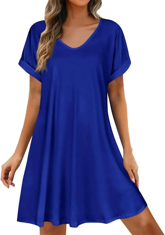 Womens Summer Dresses Short Sleeve Casual Beach Shirt Dress Round Neck Loose Swing Dress