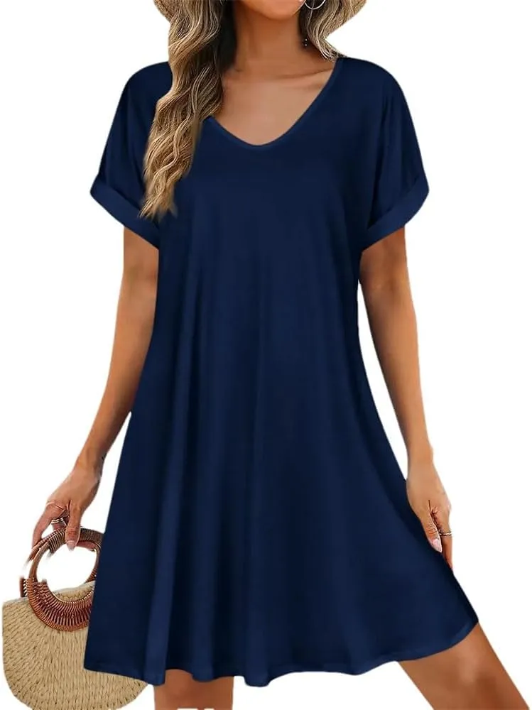 Womens Summer Dresses Short Sleeve Casual Beach Shirt Dress Round Neck Loose Swing Dress