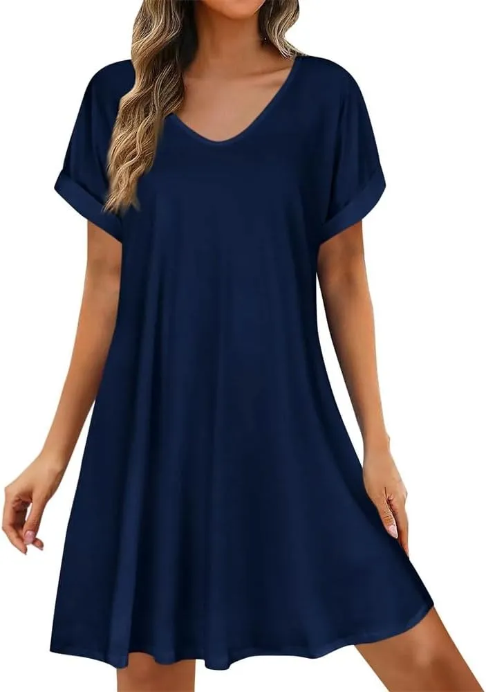 Womens Summer Dresses Short Sleeve Casual Beach Shirt Dress Round Neck Loose Swing Dress