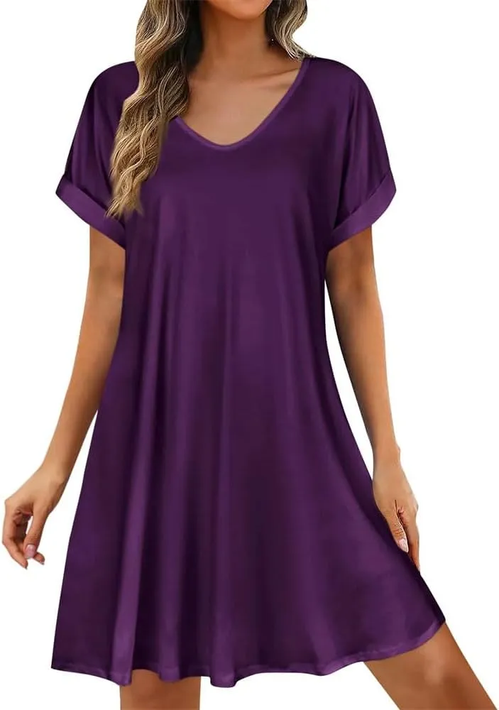 Womens Summer Dresses Short Sleeve Casual Beach Shirt Dress Round Neck Loose Swing Dress