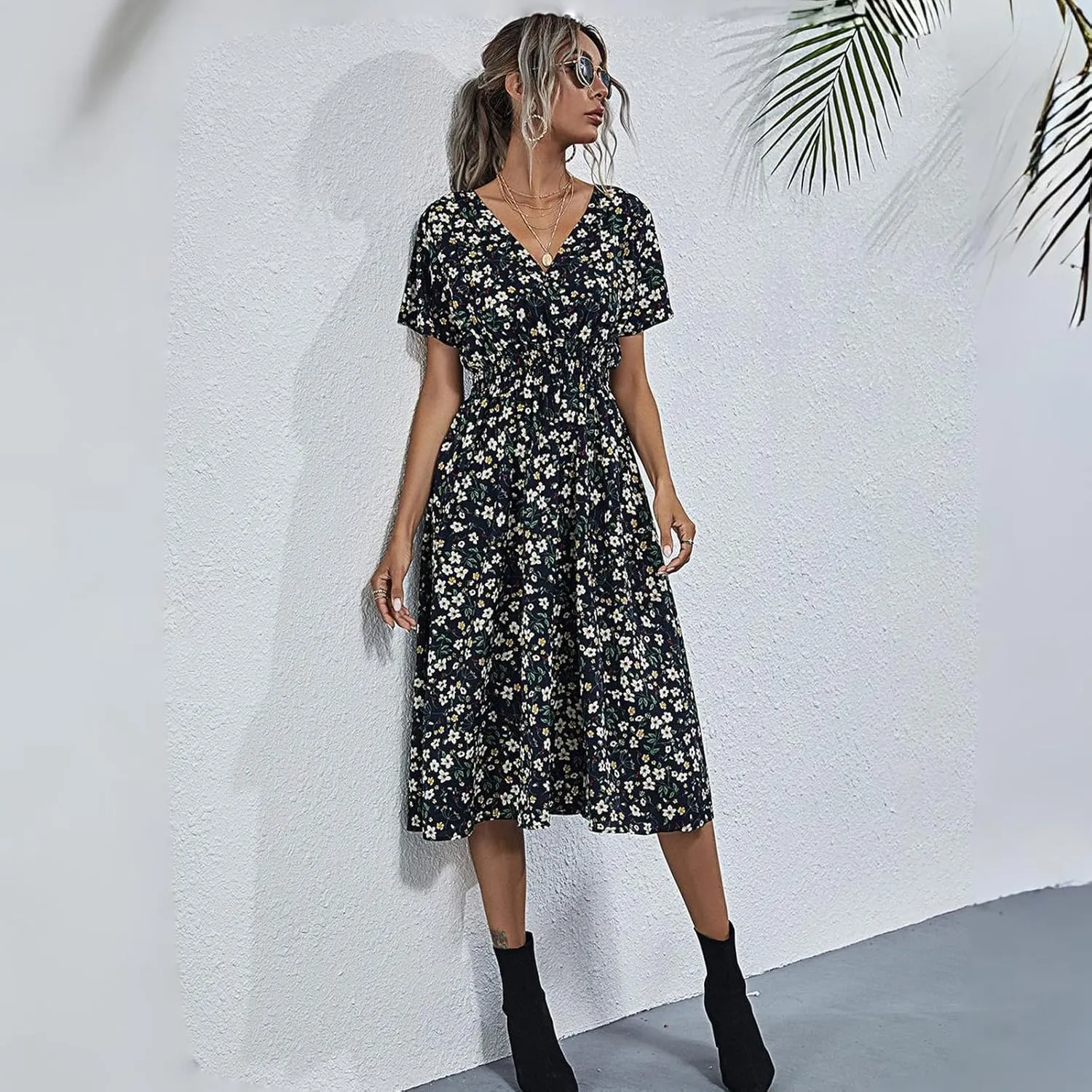 Women's Summer Floral Dress Short Sleeve V Neck Wrap Dresses with Elastic Waist Casual Knee Length A-Line Sundress
