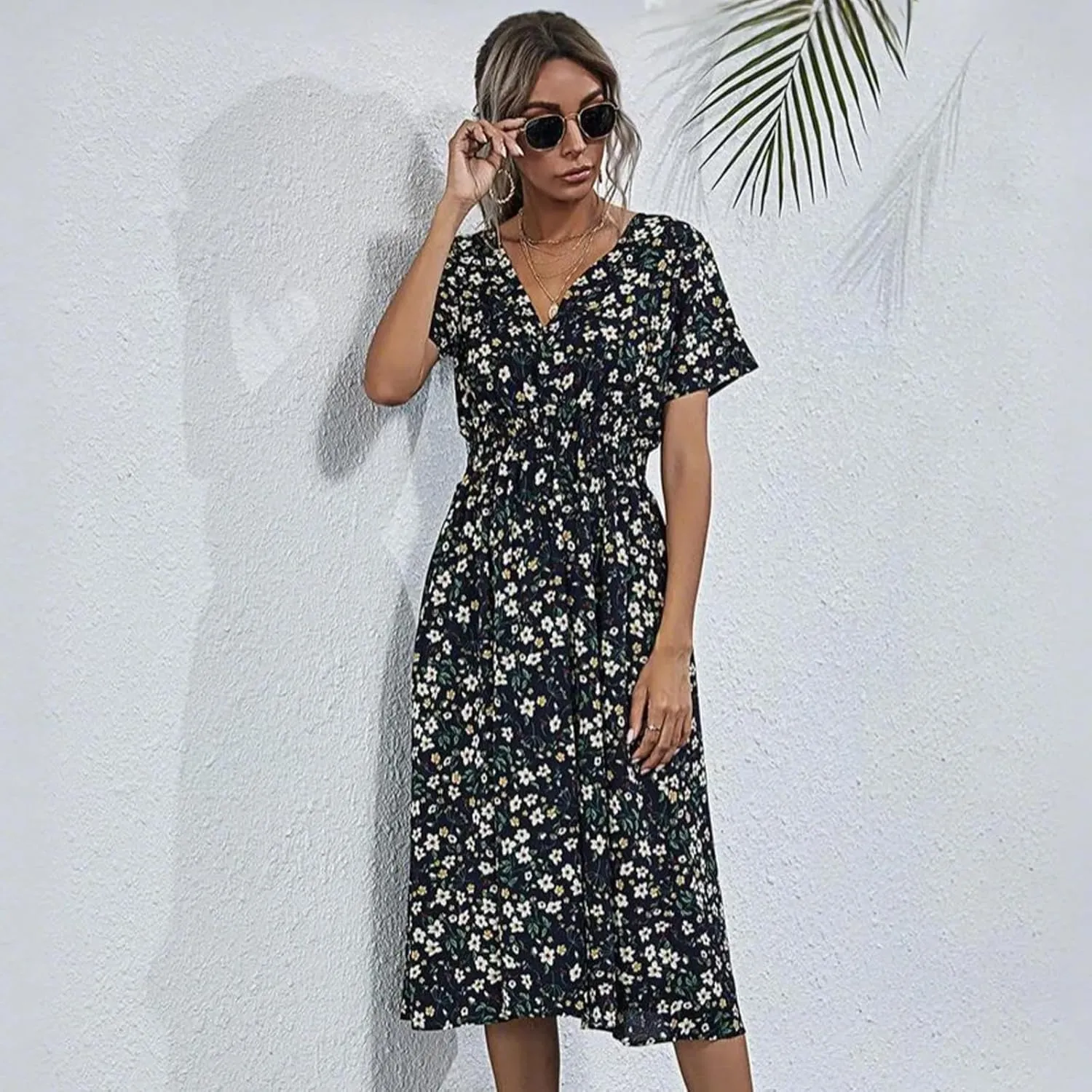Women's Summer Floral Dress Short Sleeve V Neck Wrap Dresses with Elastic Waist Casual Knee Length A-Line Sundress