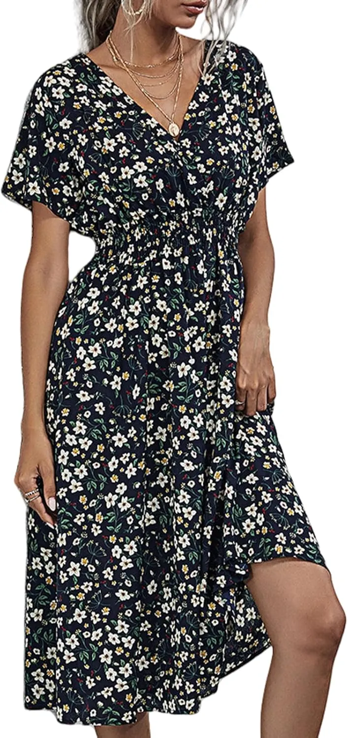 Women's Summer Floral Dress Short Sleeve V Neck Wrap Dresses with Elastic Waist Casual Knee Length A-Line Sundress