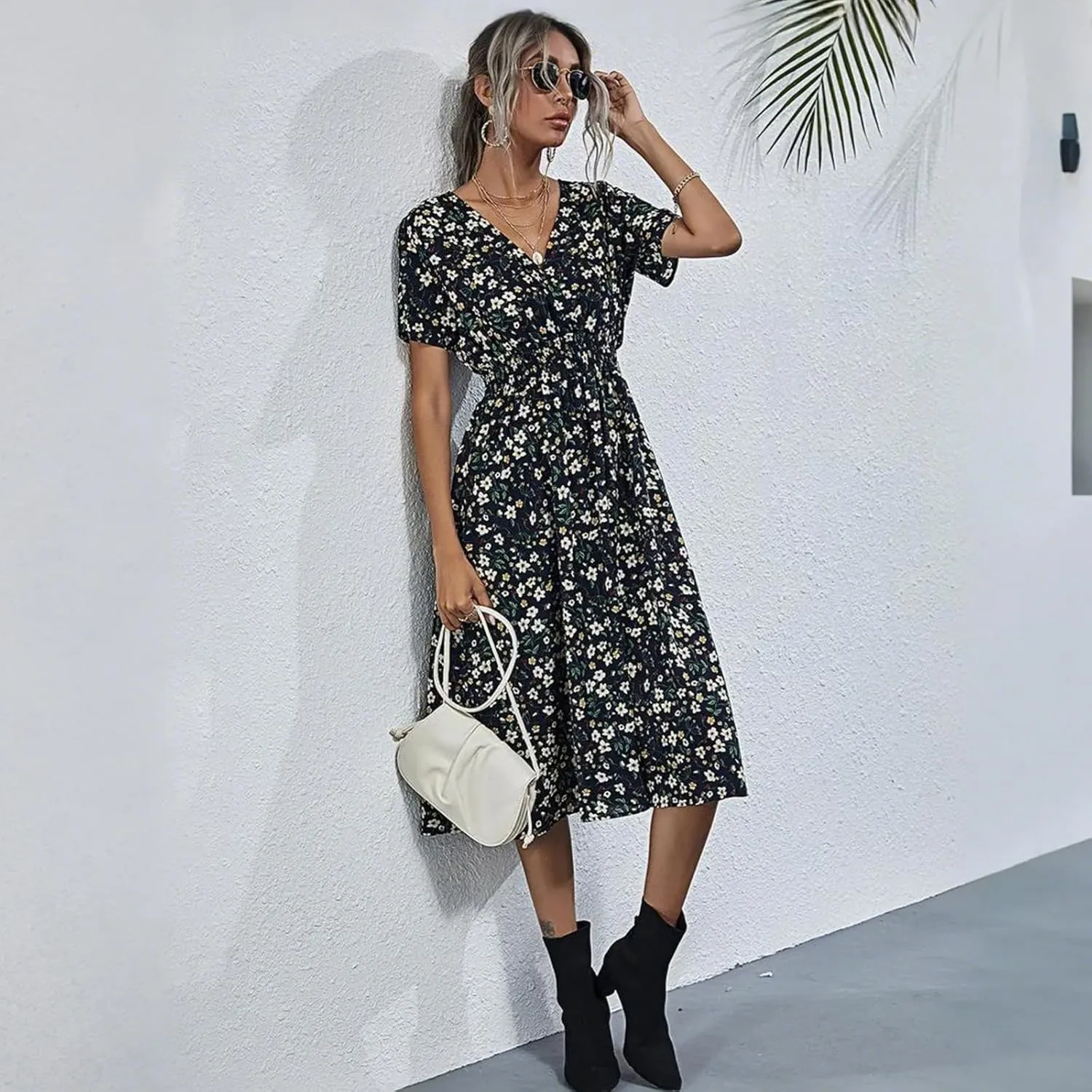 Women's Summer Floral Dress Short Sleeve V Neck Wrap Dresses with Elastic Waist Casual Knee Length A-Line Sundress