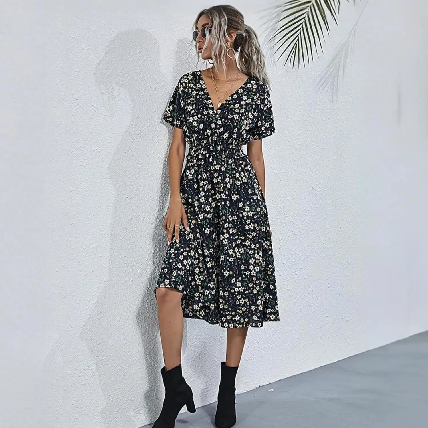 Women's Summer Floral Dress Short Sleeve V Neck Wrap Dresses with Elastic Waist Casual Knee Length A-Line Sundress
