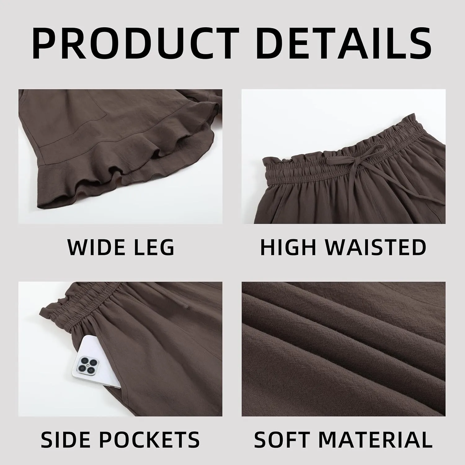 Womens Summer Linen Shorts Wide Leg High Waisted Ruffle Draswtring Beach Flowy Shorts with Pockets