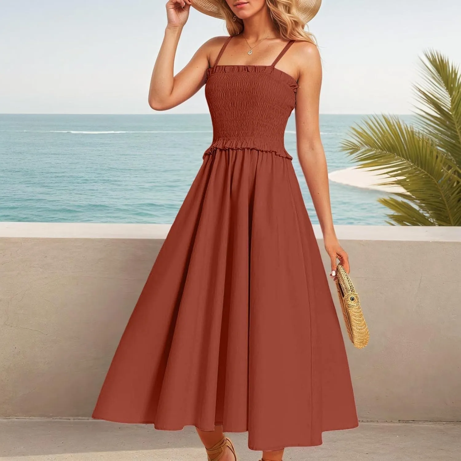 Women's Summer Maxi Dress 2025 Casual Boho Sleeveless Spaghetti Strap Tiered Long Beach Sundresses