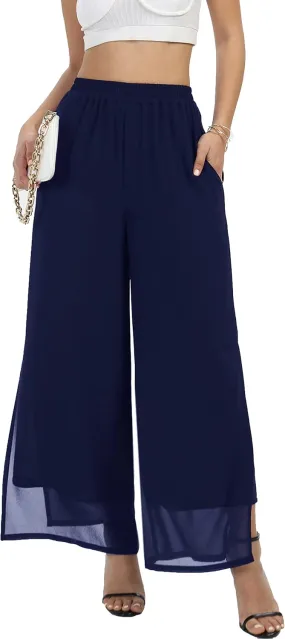 Women's Wide Leg Chiffon Dress Palazzo Pants Casual Split Hem Summer Trousers Party Club Pant