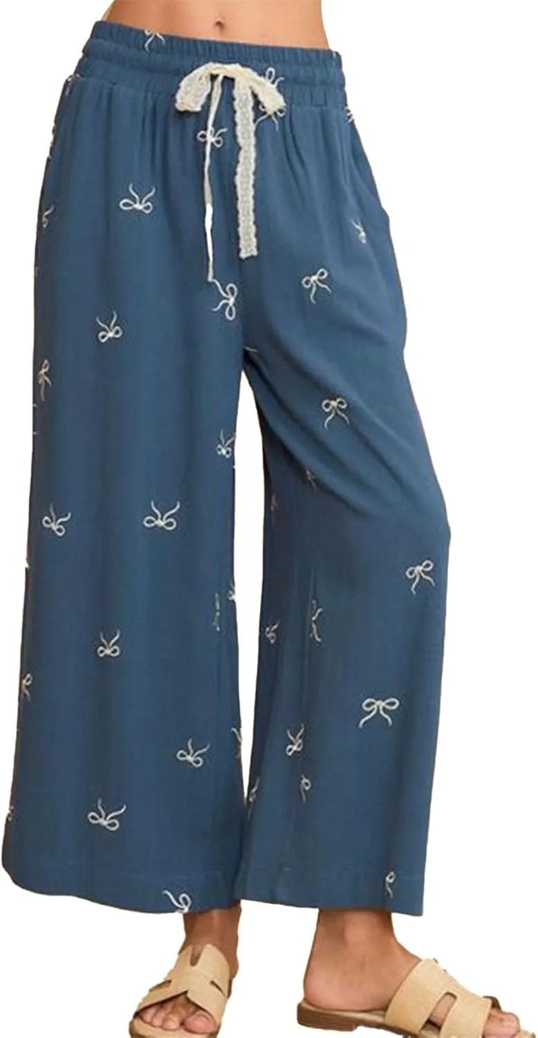 Women’s Wide Leg Pants Embroidered Bow Lace Drawstring Elastic Waist Baggy Trousers Bohemian Flowy Palazzo Pants