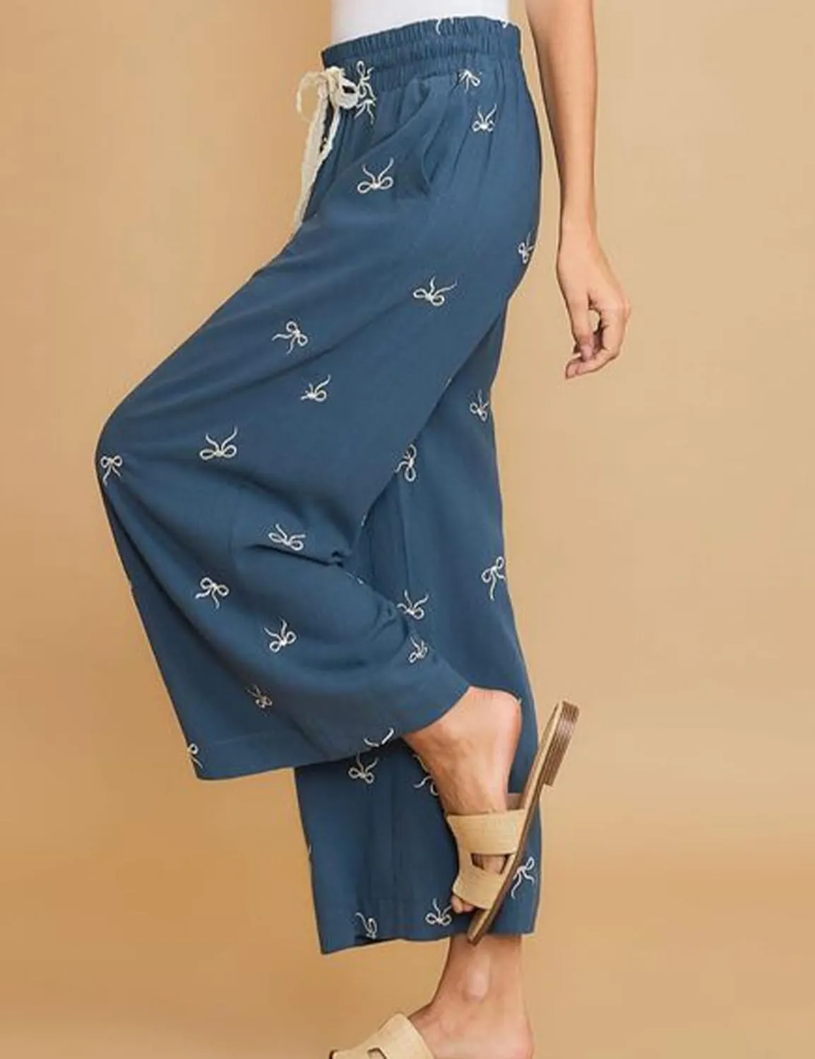 Women’s Wide Leg Pants Embroidered Bow Lace Drawstring Elastic Waist Baggy Trousers Bohemian Flowy Palazzo Pants