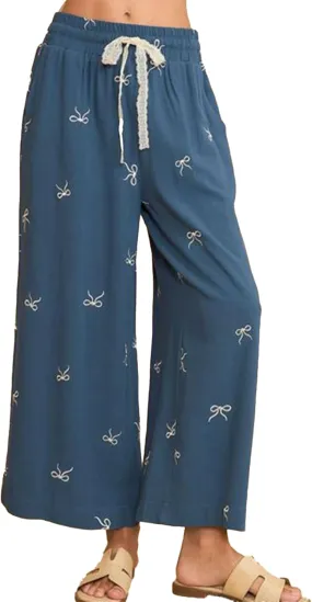 Women’s Wide Leg Pants Embroidered Bow Lace Drawstring Elastic Waist Baggy Trousers Bohemian Flowy Palazzo Pants