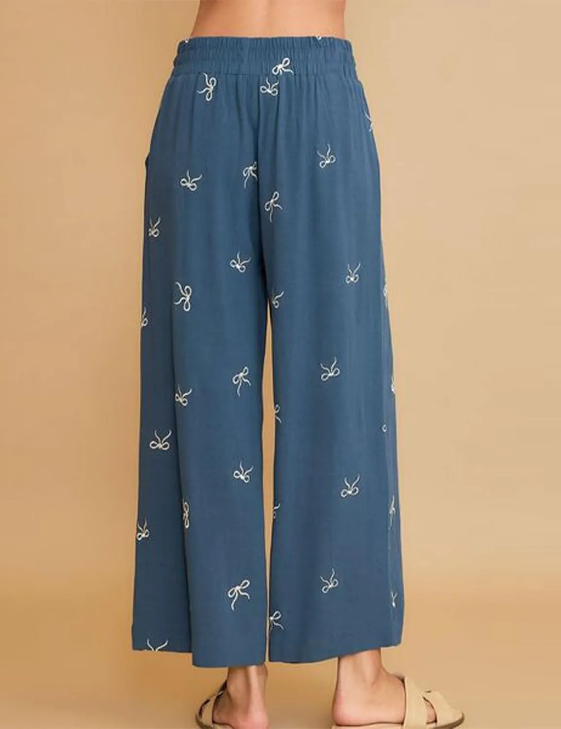 Women’s Wide Leg Pants Embroidered Bow Lace Drawstring Elastic Waist Baggy Trousers Bohemian Flowy Palazzo Pants